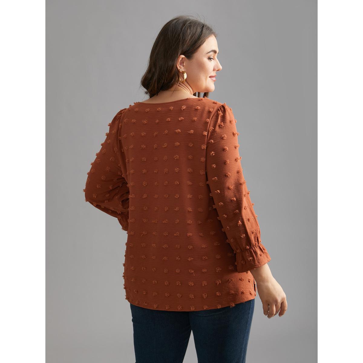 Plus Size Yellowishbrown Textured Balloon Sleeves Round Neck Blouse Women Elegant Elbow-length sleeve Round Neck Everyday Blouses BloomChic 10/M Product Image