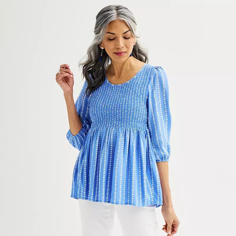 Women's Croft & Barrow® Three-Quarter Sleeve Smocked Blouse, Size: Medium, Blue Scatter Dot Product Image