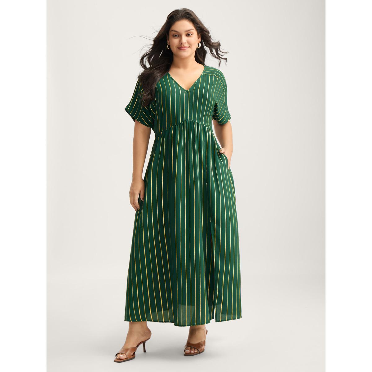 Plus Size Gold Shimmery Stripes Pockets Midi Dress DarkGreen Women V-neck Short sleeve Curvy BloomChic 30/6X Product Image