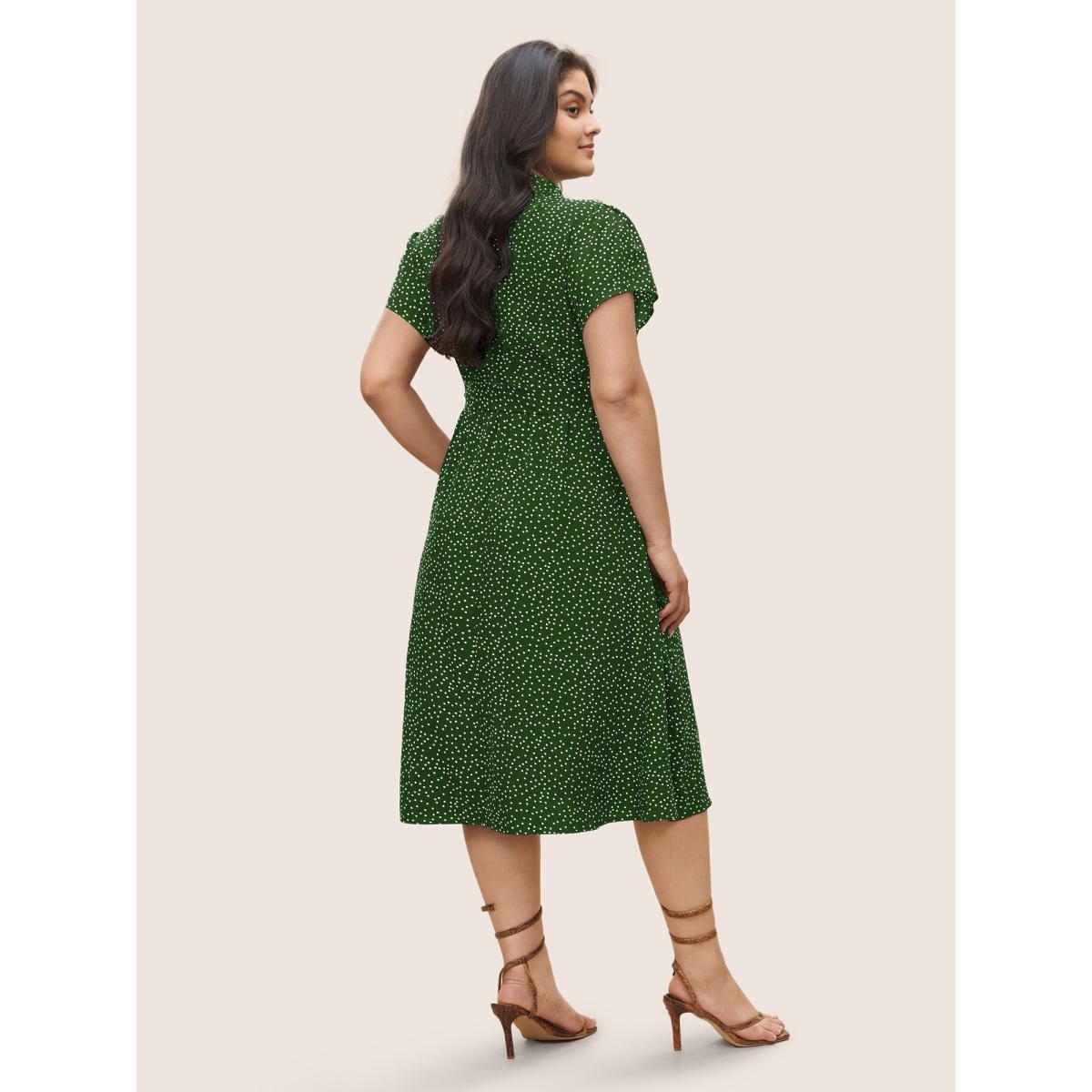 Plus Size Polka Dot Shirt Collar Pocket Button Up Dress DarkGreen Women At the Office Non Shirt collar Short sleeve Curvy Midi Dress BloomChic 30/6X Product Image