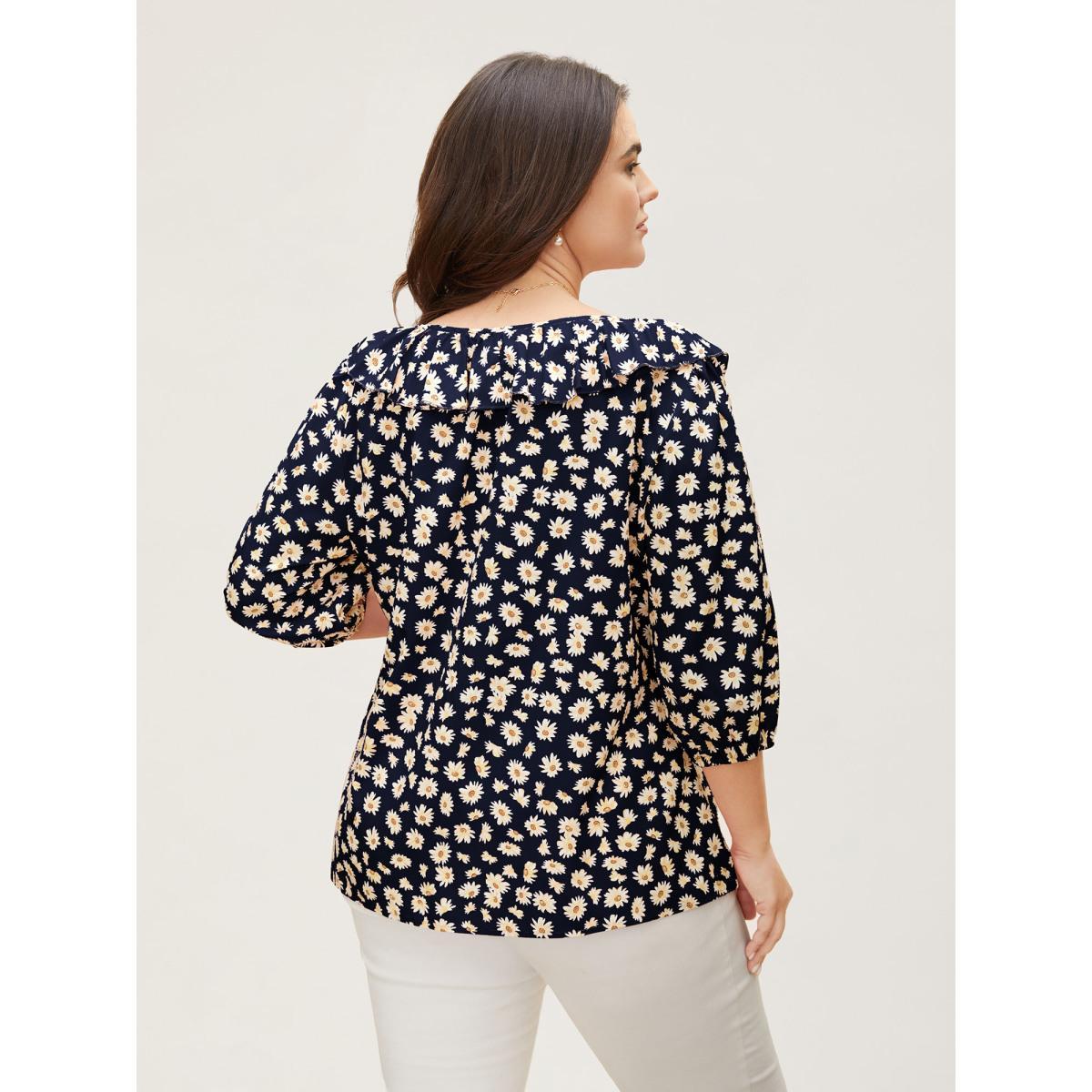 Plus Size Indigo Daisy Patterned Ruffled Collar Blouse Women Elegant Elbow-length sleeve Square Neck Everyday Blouses BloomChic 22-24/3X Product Image