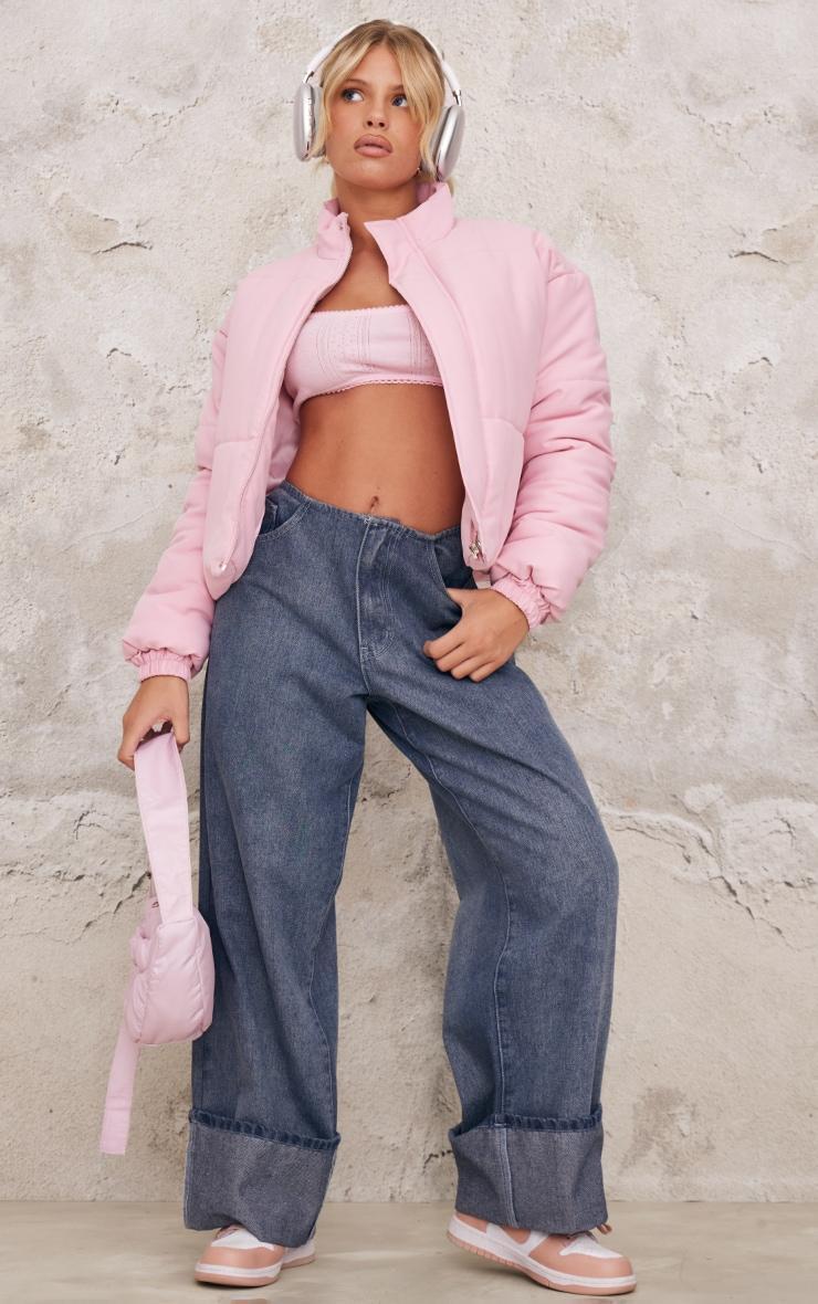 Pink Back Bow Detail Cropped Puffer Jacket Product Image