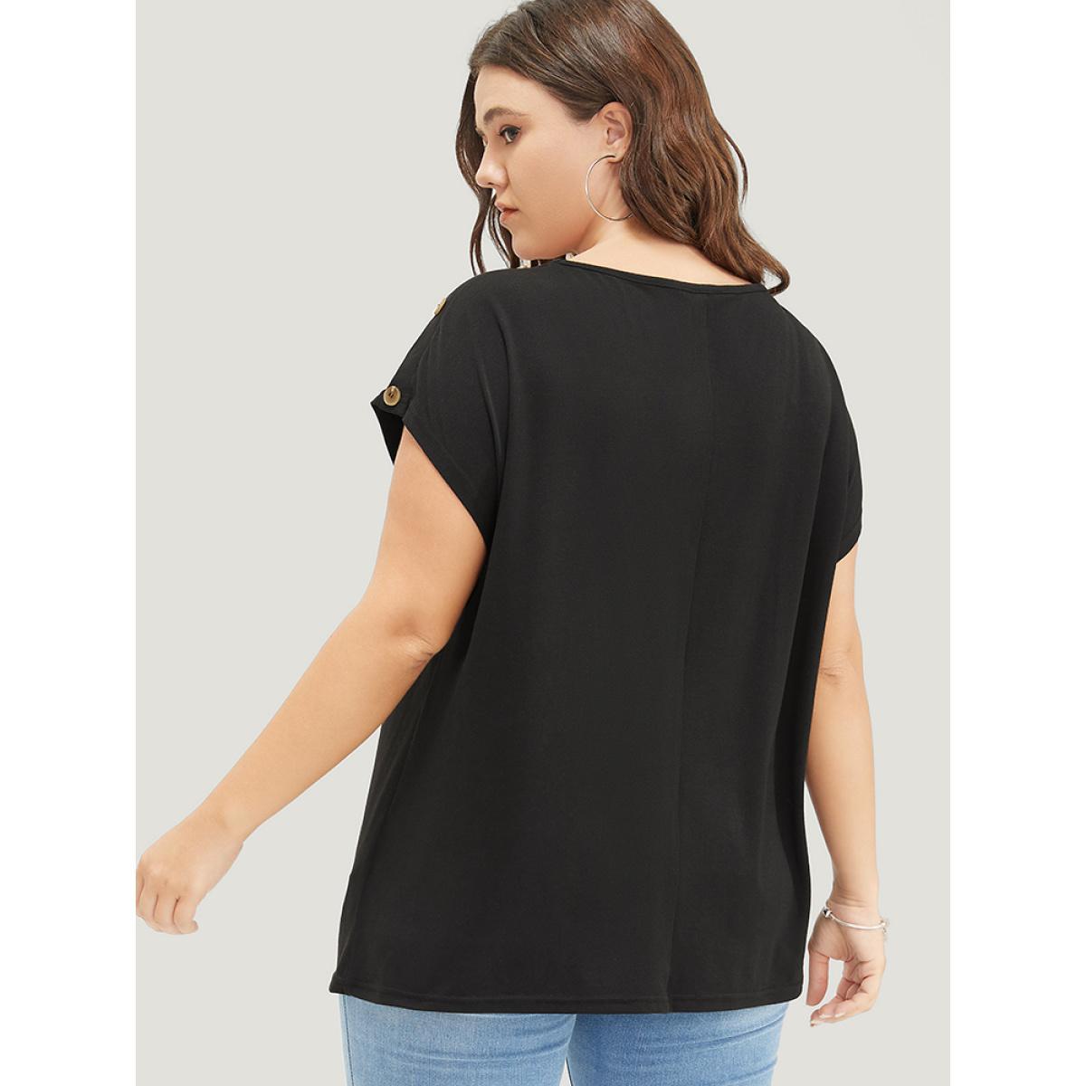 Plus Size Solid Button Detail Round Neck Batwing Sleeve T-shirt Black Women Casual Plain Round Neck Dailywear T-shirts BloomChic 30/6X Product Image
