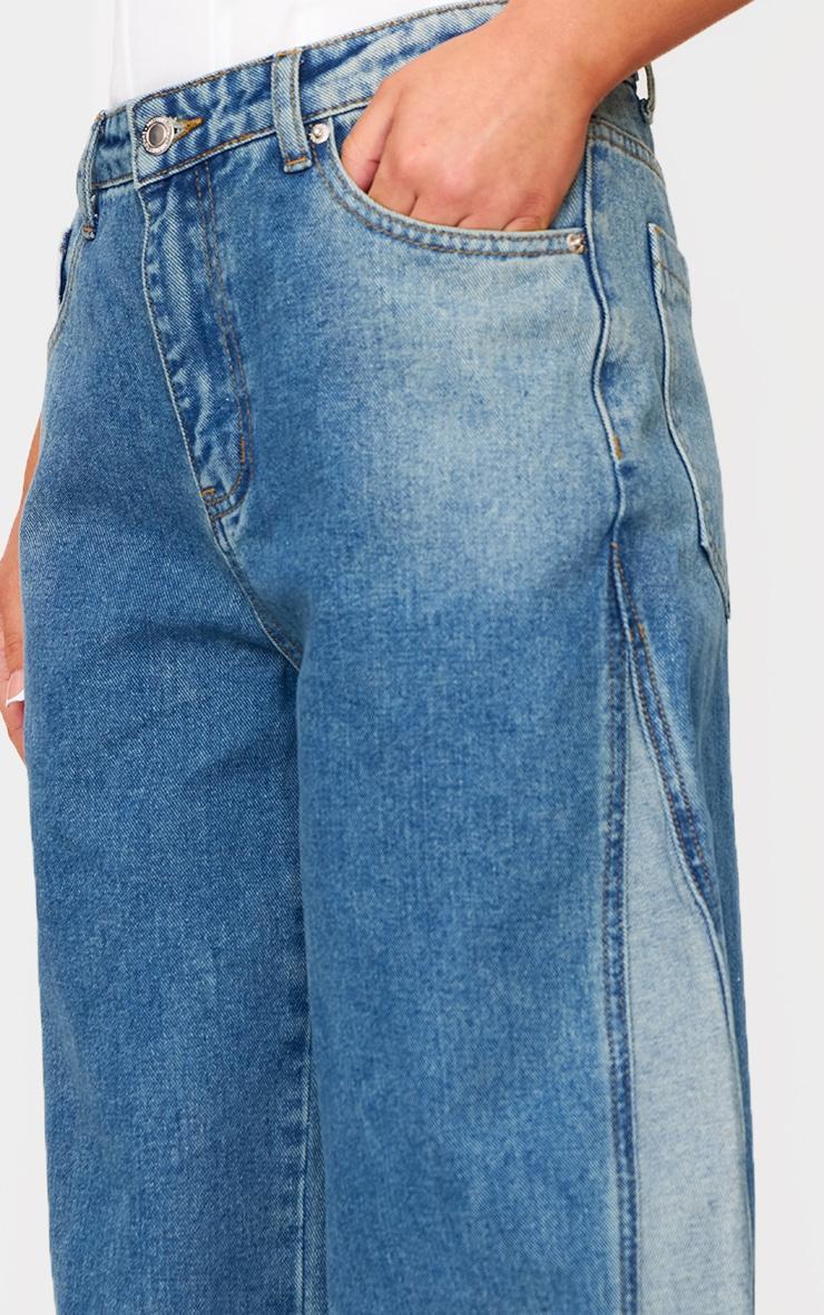 Petite Mid Blue Wash Denim Contrast Panel Wide Leg Jeans Product Image