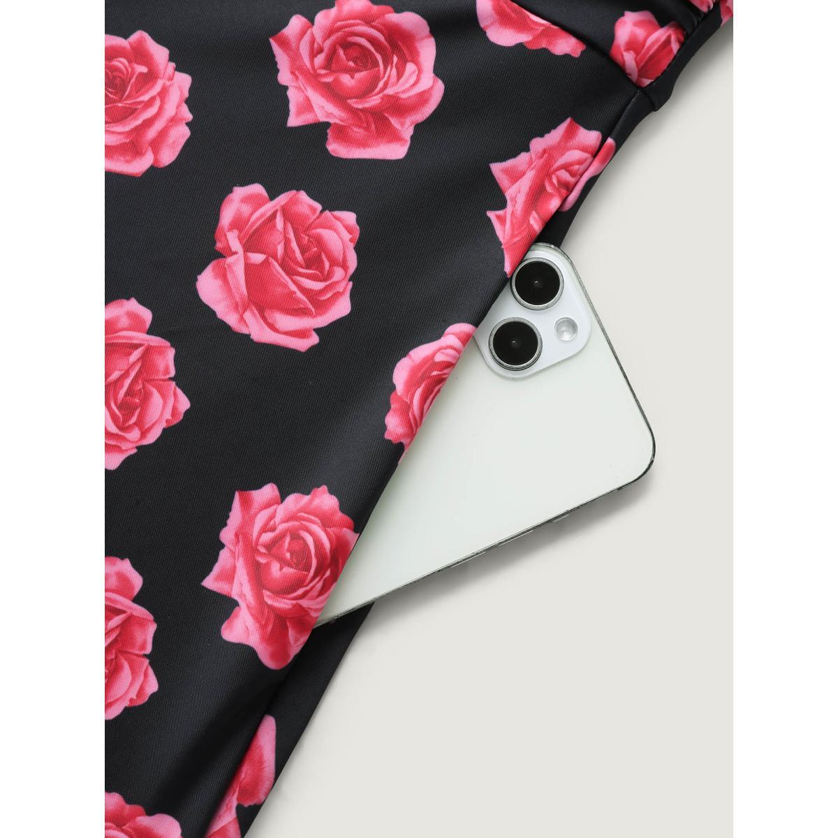 Plus Size Anti-Float Tie Rosy Print Swim Dress Women's Swimwear Black Beach Bodycon Overlap Collar High stretch Curve Swim Dresses BloomChic 18-20/2X Product Image