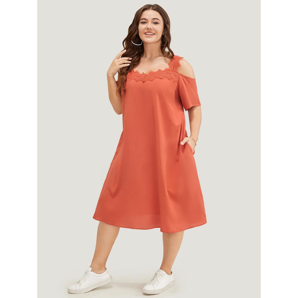 Plus Size Solid Contrast Lace Pocket Cold Shoulder Midi Dress Coral Women Casual Lace Cold Shoulder Short sleeve Curvy Midi Dress BloomChic 18-20/2X Product Image