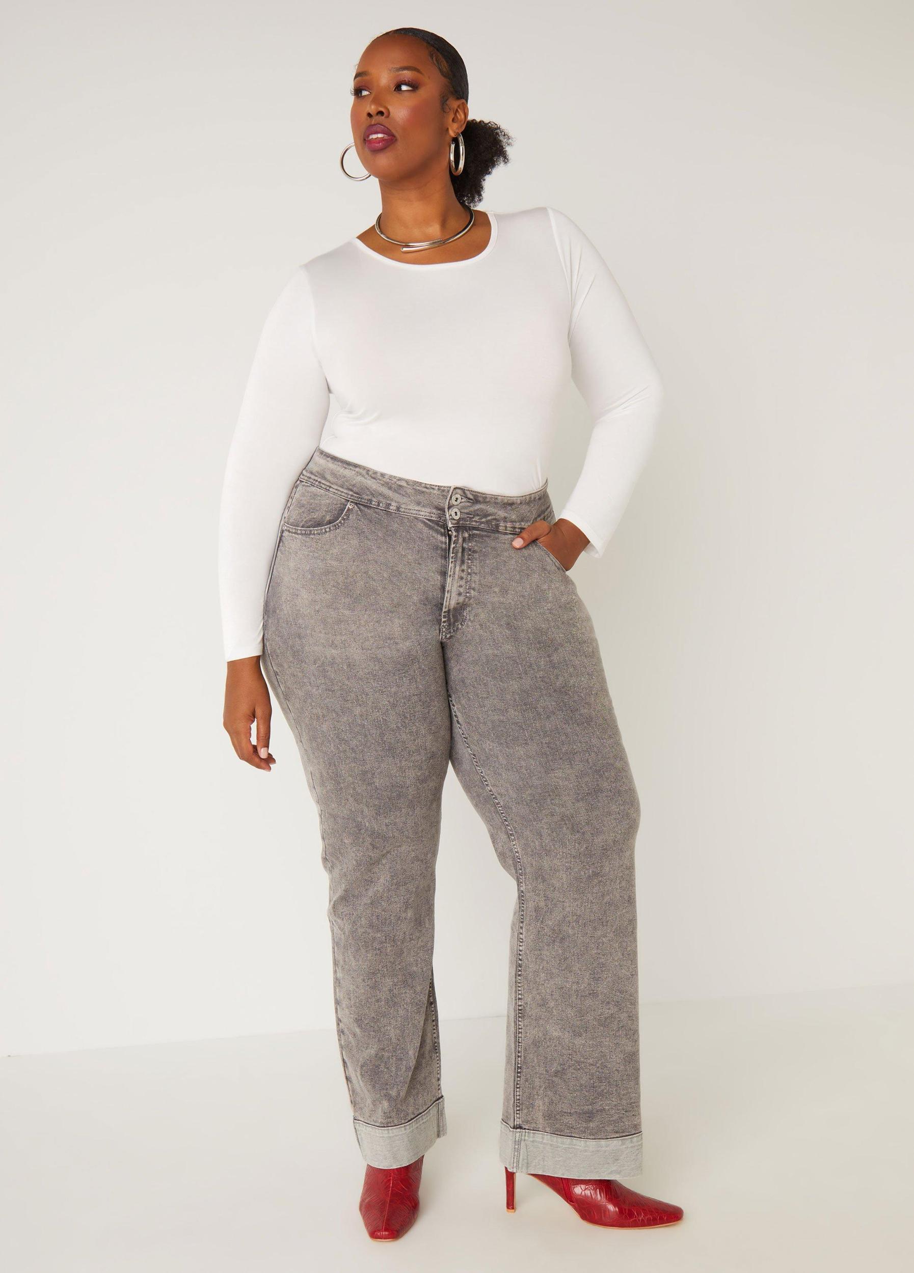 Cuffed Acid Wash Wide Leg Jeans Product Image