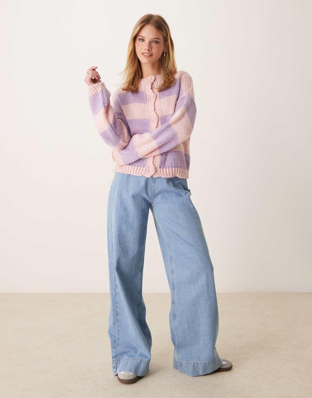 Miss Selfridge pastel pink and purple stripe knit cardigan Product Image
