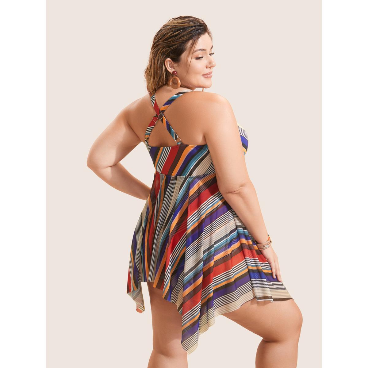 Plus Size Color Stripes Twist Hanky Hem Swim Dress Women's Swimwear Multicolor Beach Bodycon V-neck High stretch Curve Swim Dresses BloomChic 22-24/3X Product Image