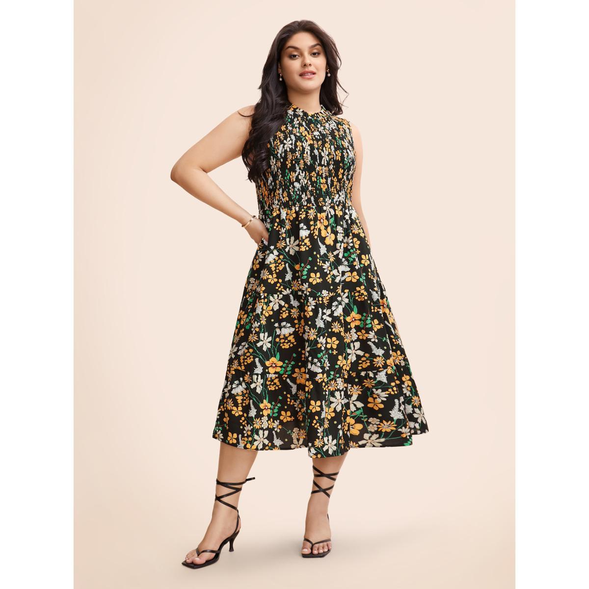 Plus Size Floral Shirred Mock Neck Cut Out Pocket Ruffle Hem Dress Black Women Elegant Frill Trim Mock Neck Sleeveless Curvy Midi Dress BloomChic 14-16/1X Product Image