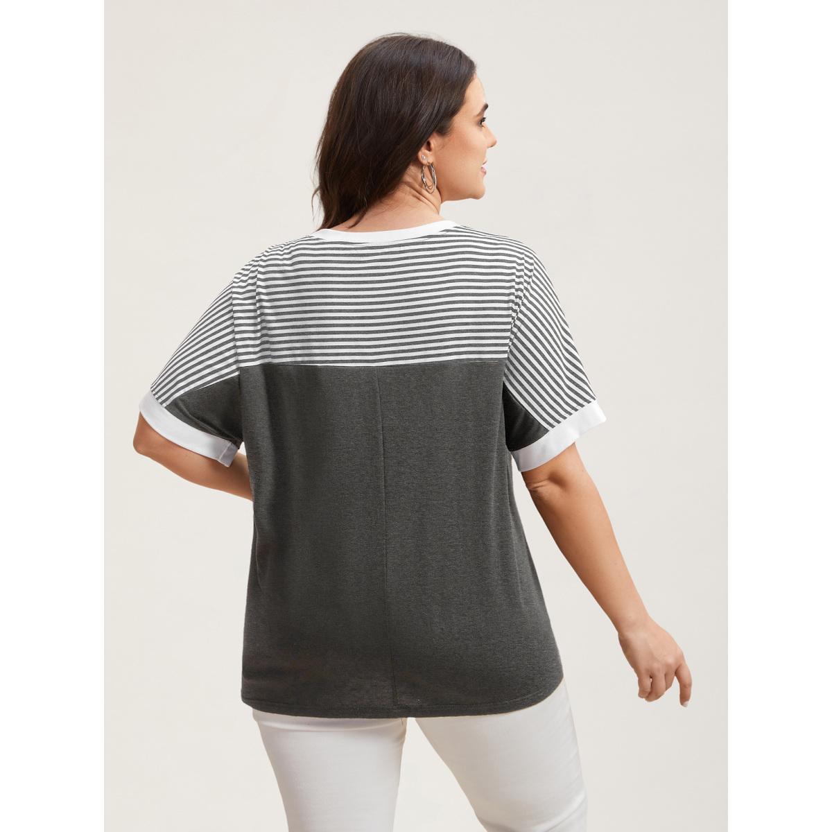 Plus Size Solid and Striped Contrast Hem T-Shirt DarkGray Women Casual Contrast Round Neck Everyday T-shirts BloomChic 22-24/3X Product Image