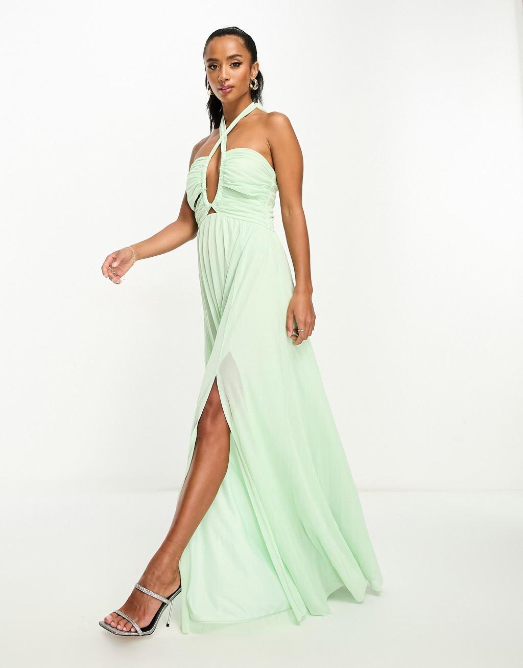 ASOS DESIGN Petite halterneck channel mesh maxi dress Product Image