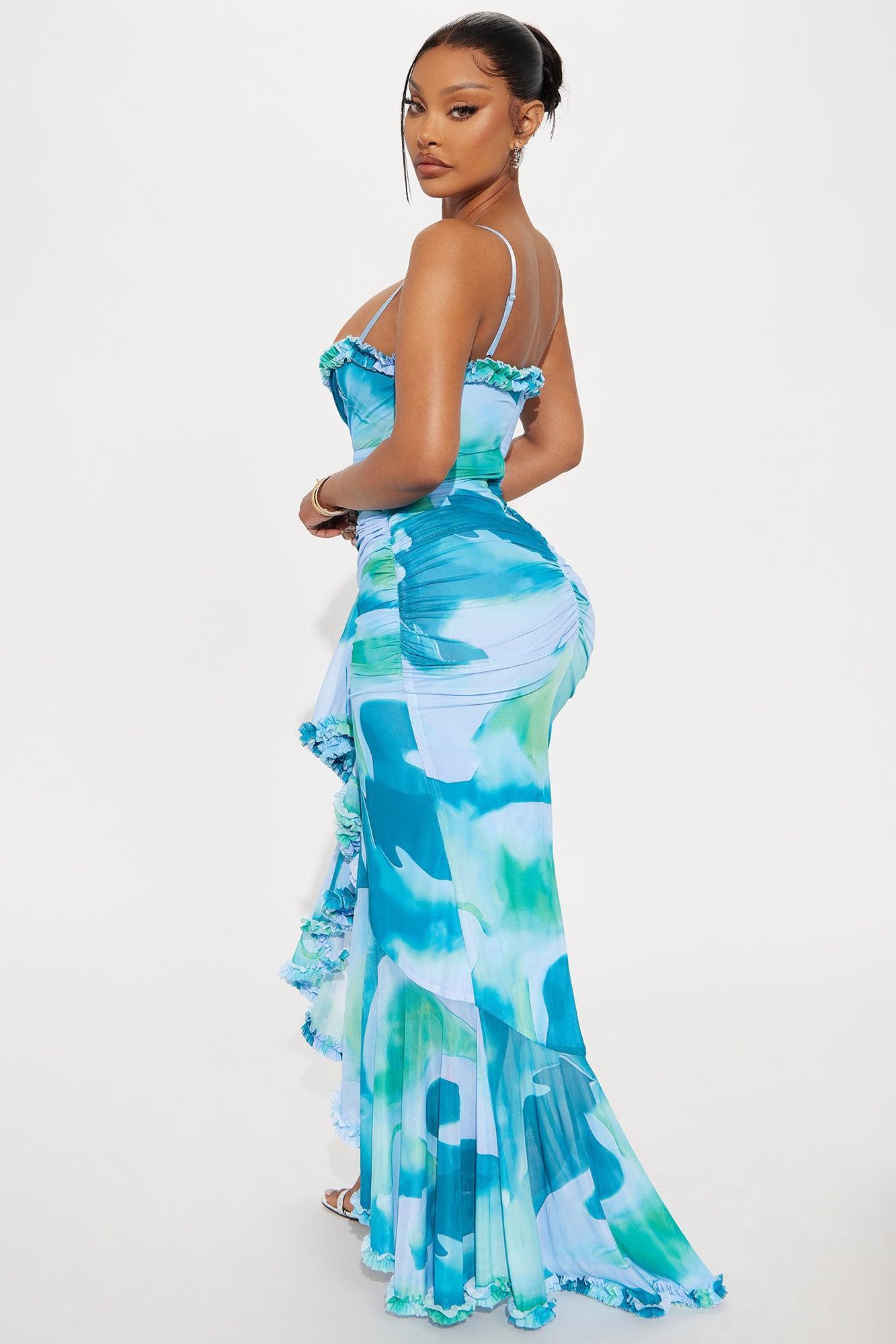 Georgia Ruffle Mesh Maxi Dress - Blue/combo Product Image