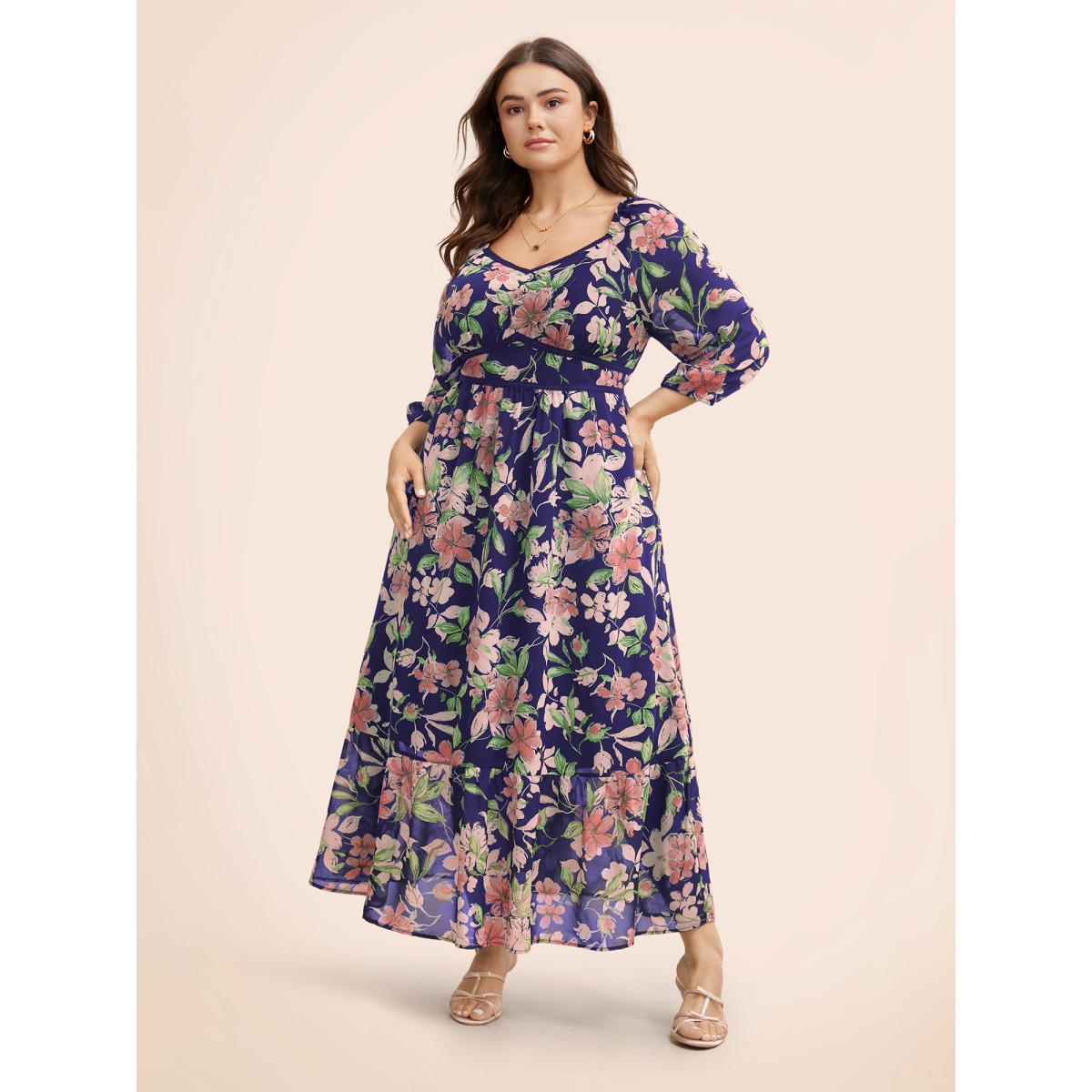 Plus Size Floral Heart Neckline Woven Ribbon Gathered Dress Navy Women Elegant Woven ribbon&lace trim Heart neckline Elbow-length sleeve Curvy BloomChic 10/M Product Image