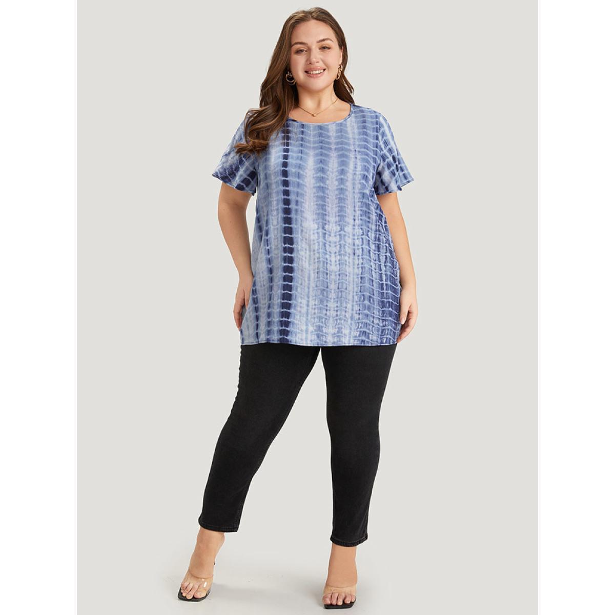 Plus Size Blue Tie Dye Ruffle Sleeve Crew Neck Blouse Women Vacation Short sleeve Round Neck Dailywear Blouses BloomChic 14-16/1X Product Image