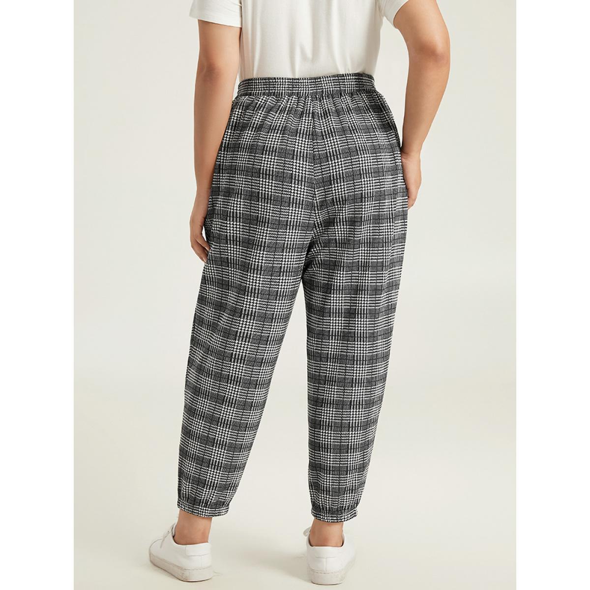 Houndstooth Ties Elastic Waist Sweatpants Black Plus Size Women Casual Dailywear Cross straps 22-24/3X Bloomchic Product Image