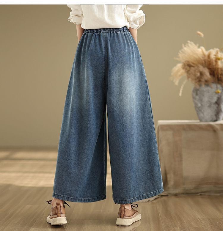 Elastic Waist Washed Pleated Denim Culottes Product Image