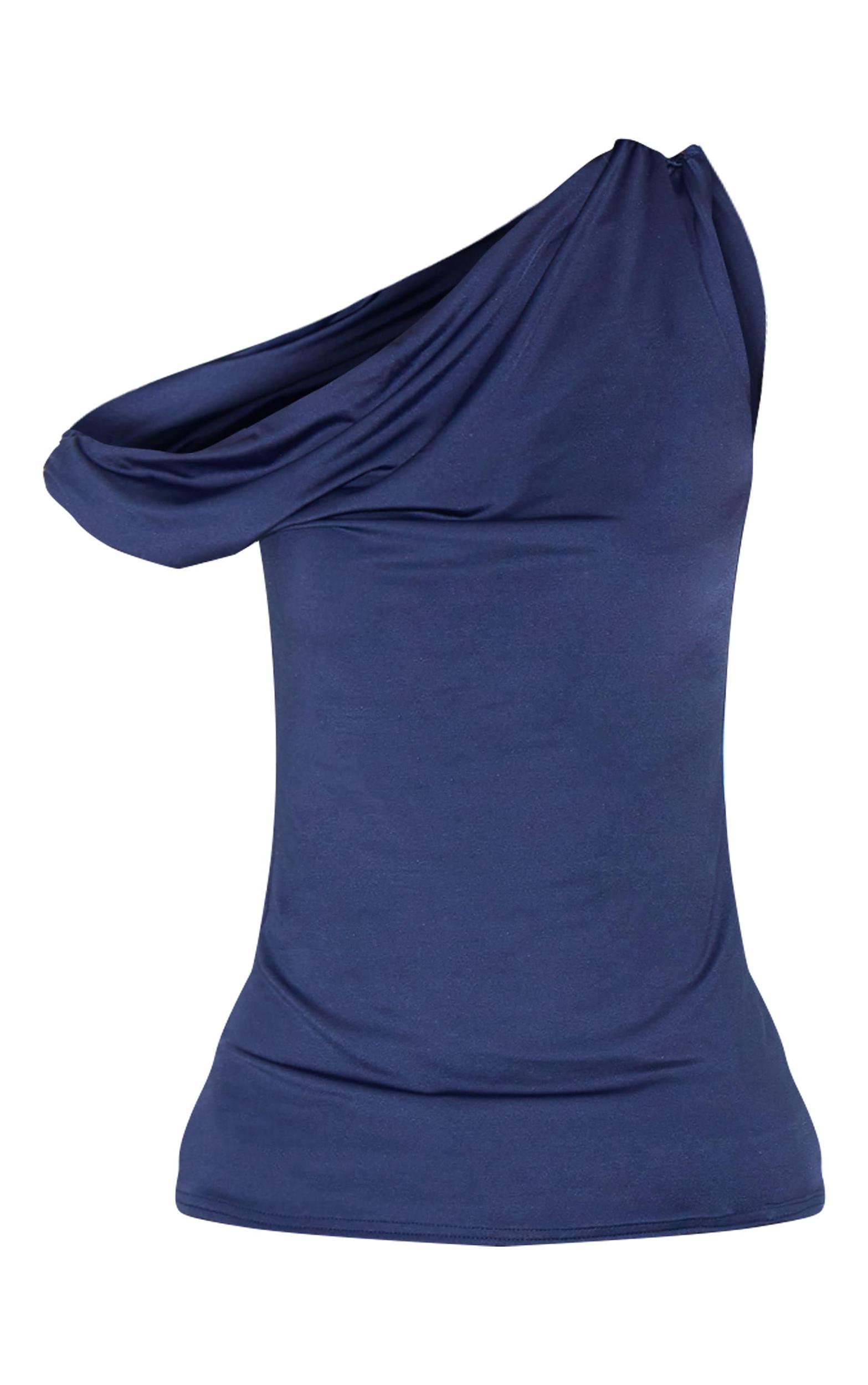 Navy Slinky Asymmetric Ruched Detail Long Top Product Image
