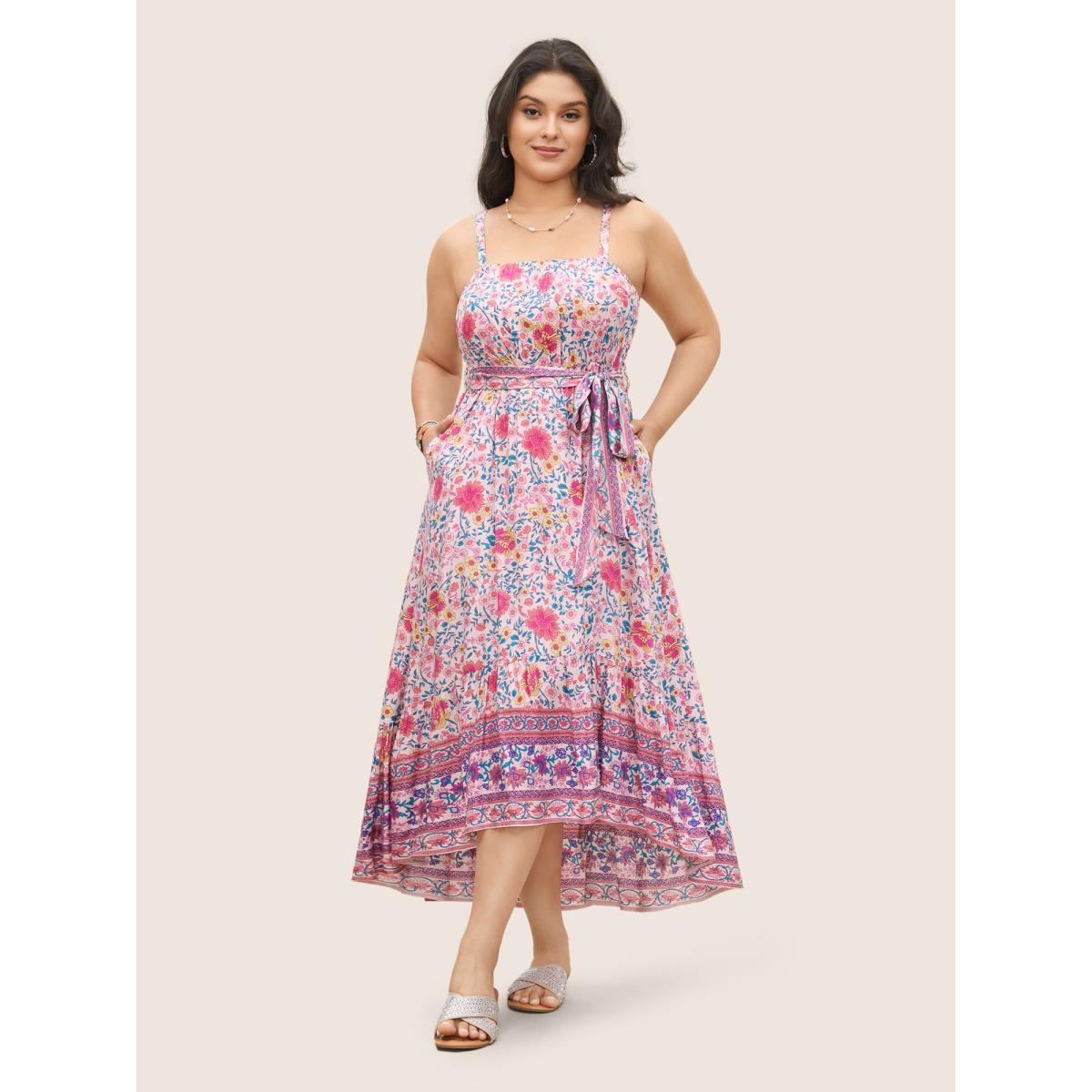 Plus Size Floral Elastic Waist Patchwork Cami Dress MistyRose Women Resort Belted Non Sleeveless Curvy Midi Dress BloomChic 30/6X Product Image