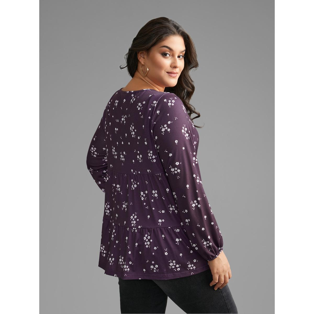 Plus Size Ditsy Floral Gathered Ruffle Hem T-shirt Eggplant Women Casual Gathered Natural Flowers Round Neck Loose Everyday T-shirts BloomChic 28/5X Product Image