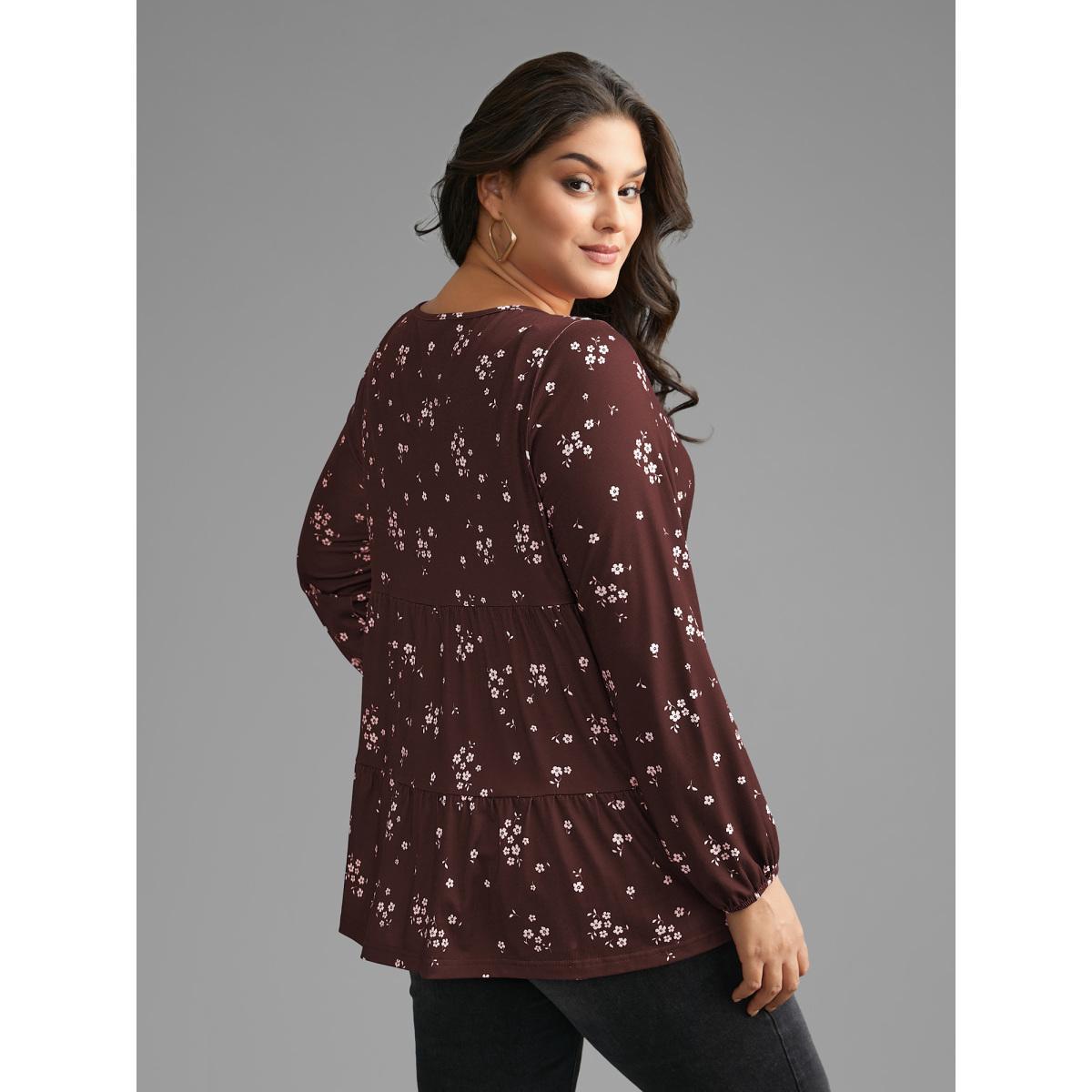Plus Size Ditsy Floral Gathered Ruffle Hem T-shirt Burgundy Women Casual Gathered Natural Flowers Round Neck Loose Everyday T-shirts BloomChic 14-16/1X Product Image
