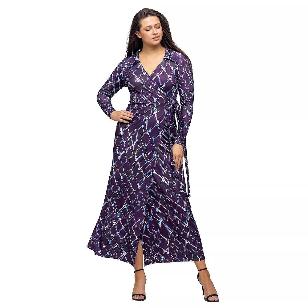 Women's 24Seven Comfort Apparel Print Collared Wrap Maxi Dress, Size: Medium, Purple Team Product Image