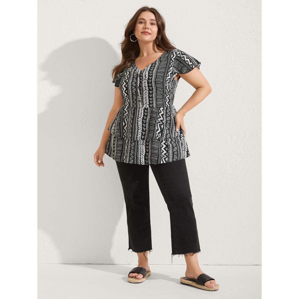 Plus Size Black Geometric Print Button Layered Blouse Women Short sleeve V-neck Vacation Blouses BloomChic 18-20/2X Product Image