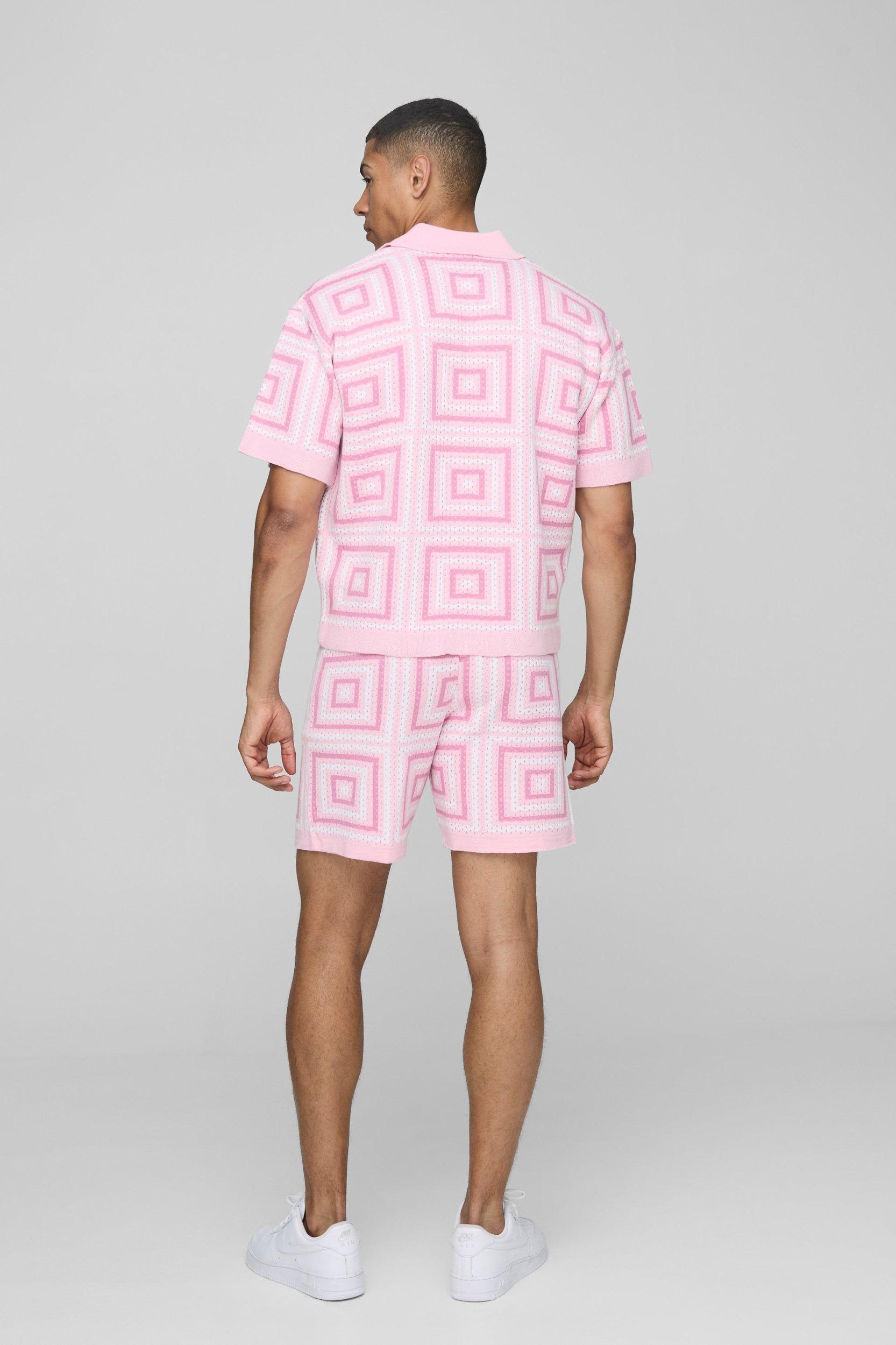 Boxy Fit V Neck Crochet Knitted Polo | boohooMAN USA Product Image
