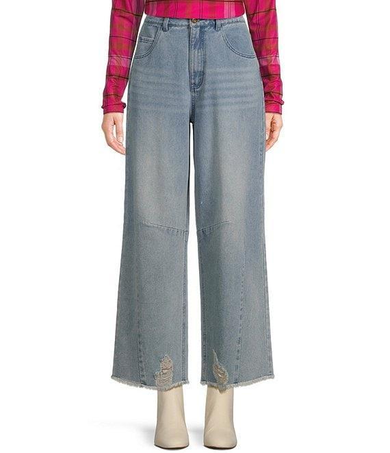 C&V Chelsea & Violet Raw Edge Frayed Hem Wide Leg Denim Jeans Product Image