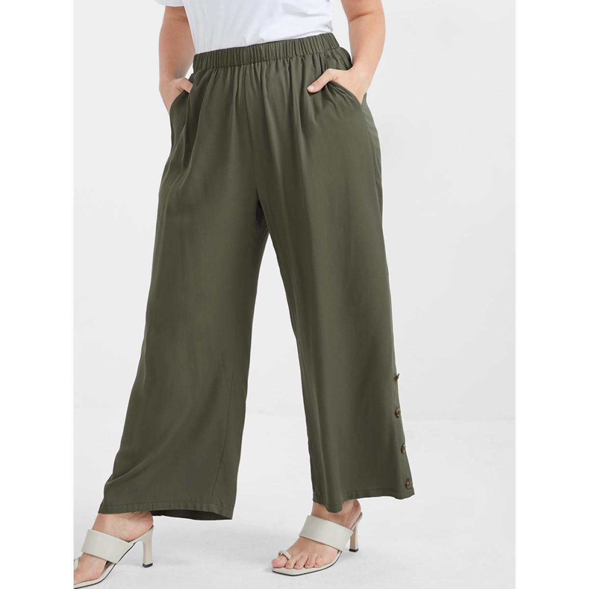 Plus Size Solid Button Elastic Waist Pocket Loose Pants Women ArmyGreen Elegant High Rise Dailywear Pants BloomChic 12/L Product Image