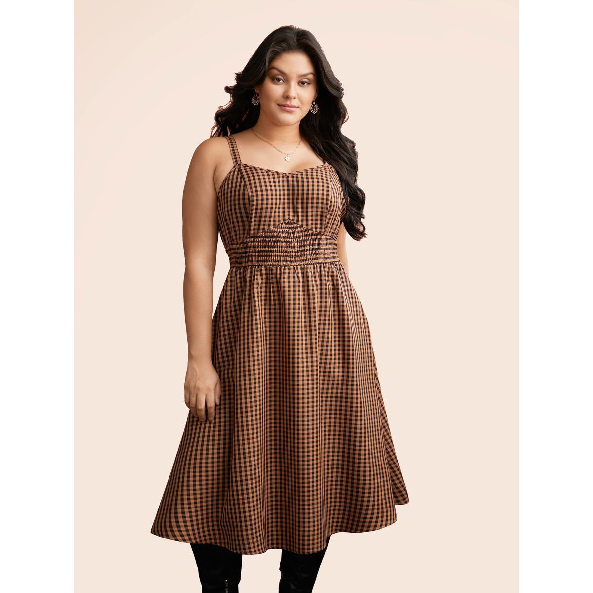 Plus Size Cami Pumpkin Color Grid Waist Midi Dress Brightorange Women Cocktail Shirred Party Curvy Bloomchic 26/4X Product Image