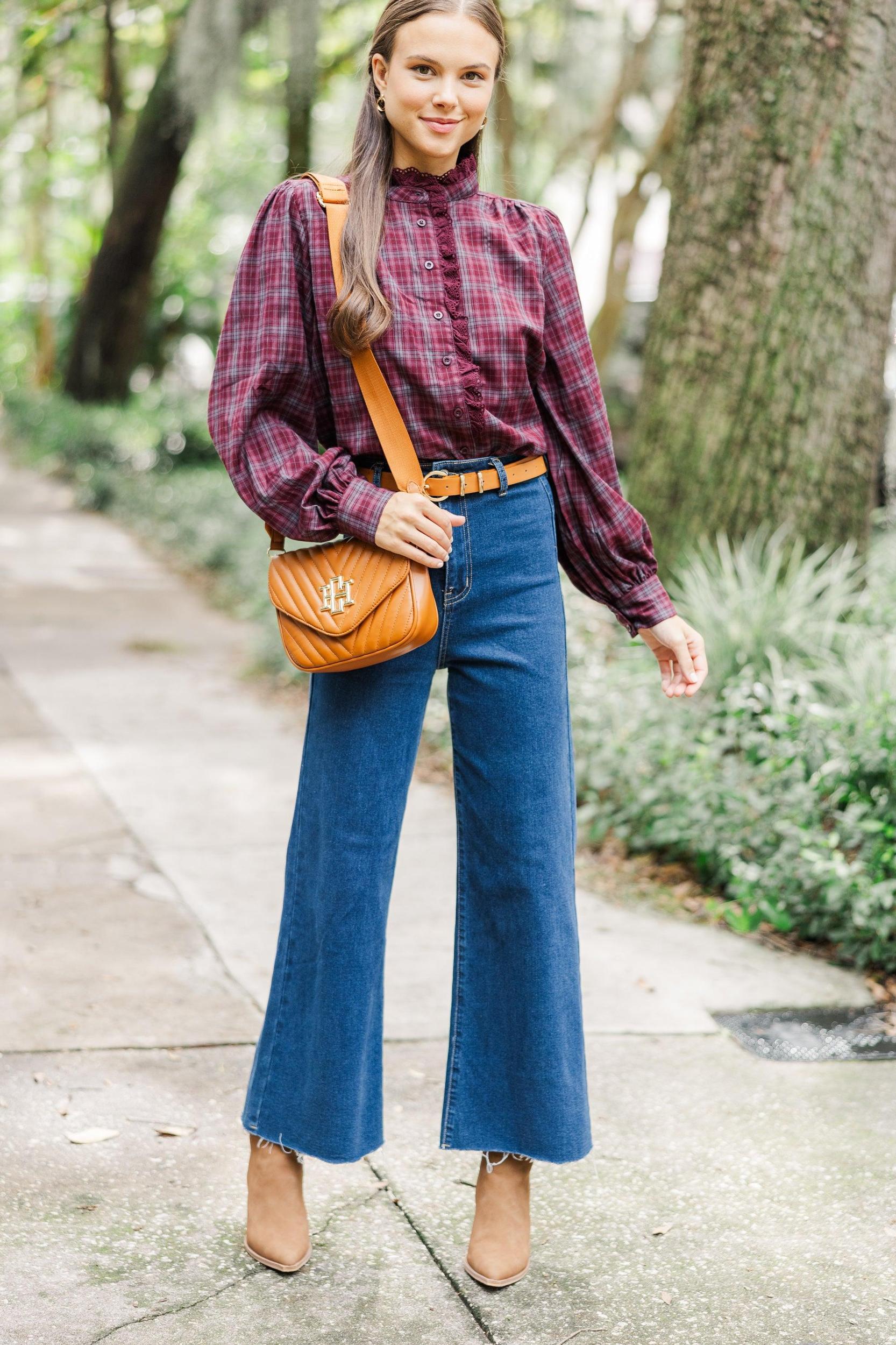 Leave It All Behind Wine Red Plaid Blouse Female Product Image