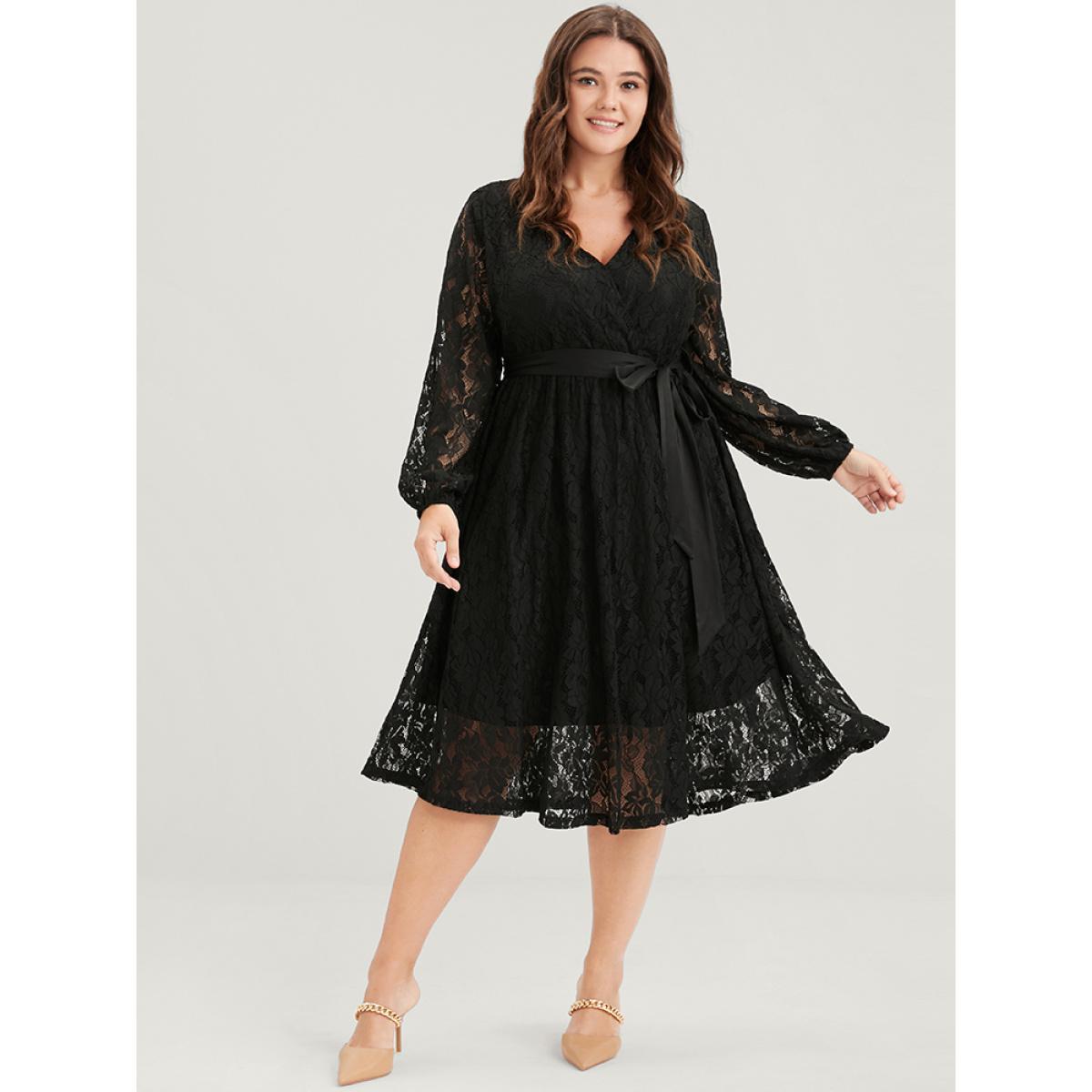 Embroidered Elegant Plus Size Women Going out Plain Midi Dress Ties Slightly Stretchy Lantern Sleeve Long Sleeve V Neck Belt Glamour Dresses BloomChic Product Image