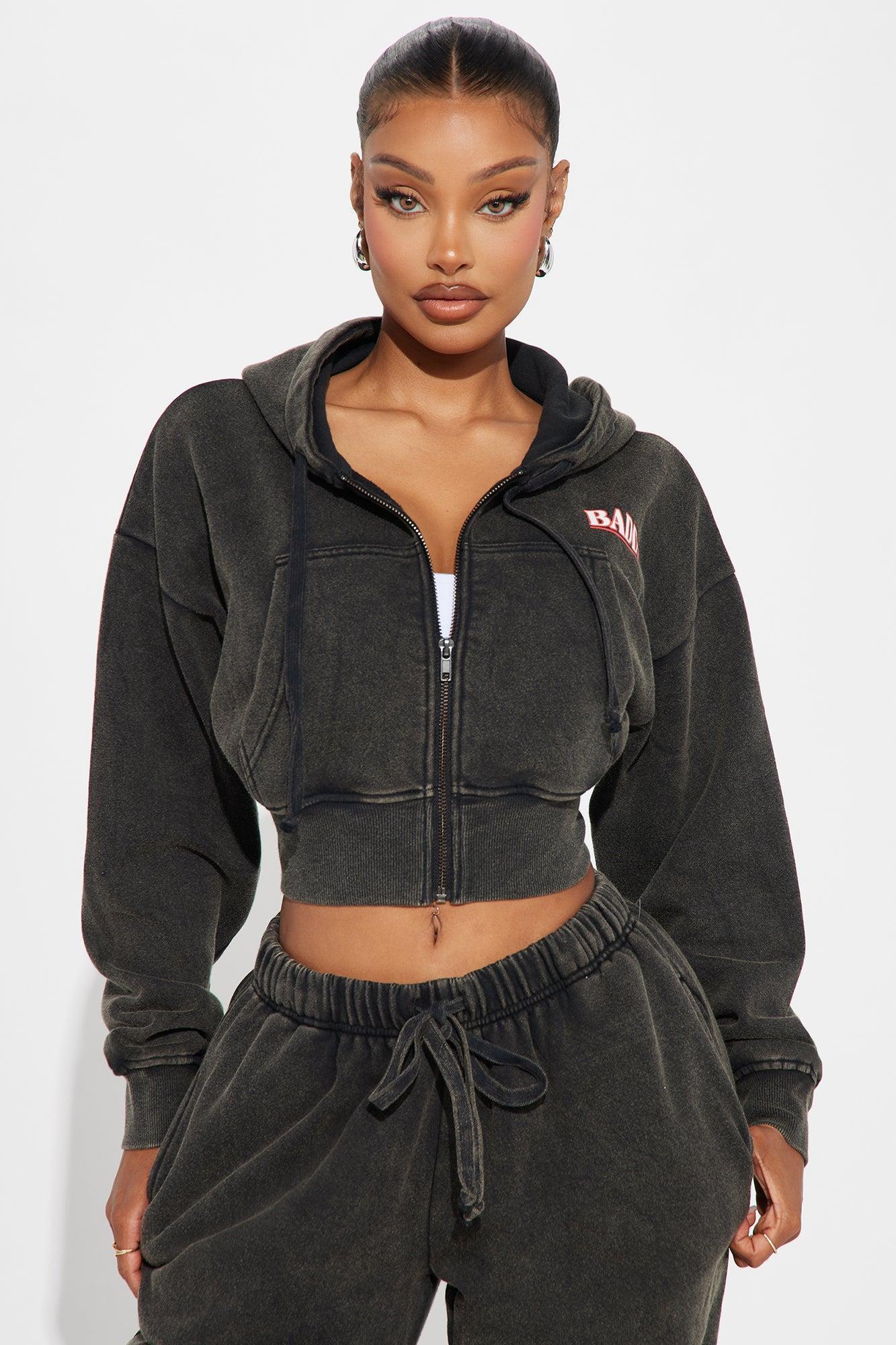 Baddie Washed Front Zip Hoodie - Black Wash Product Image