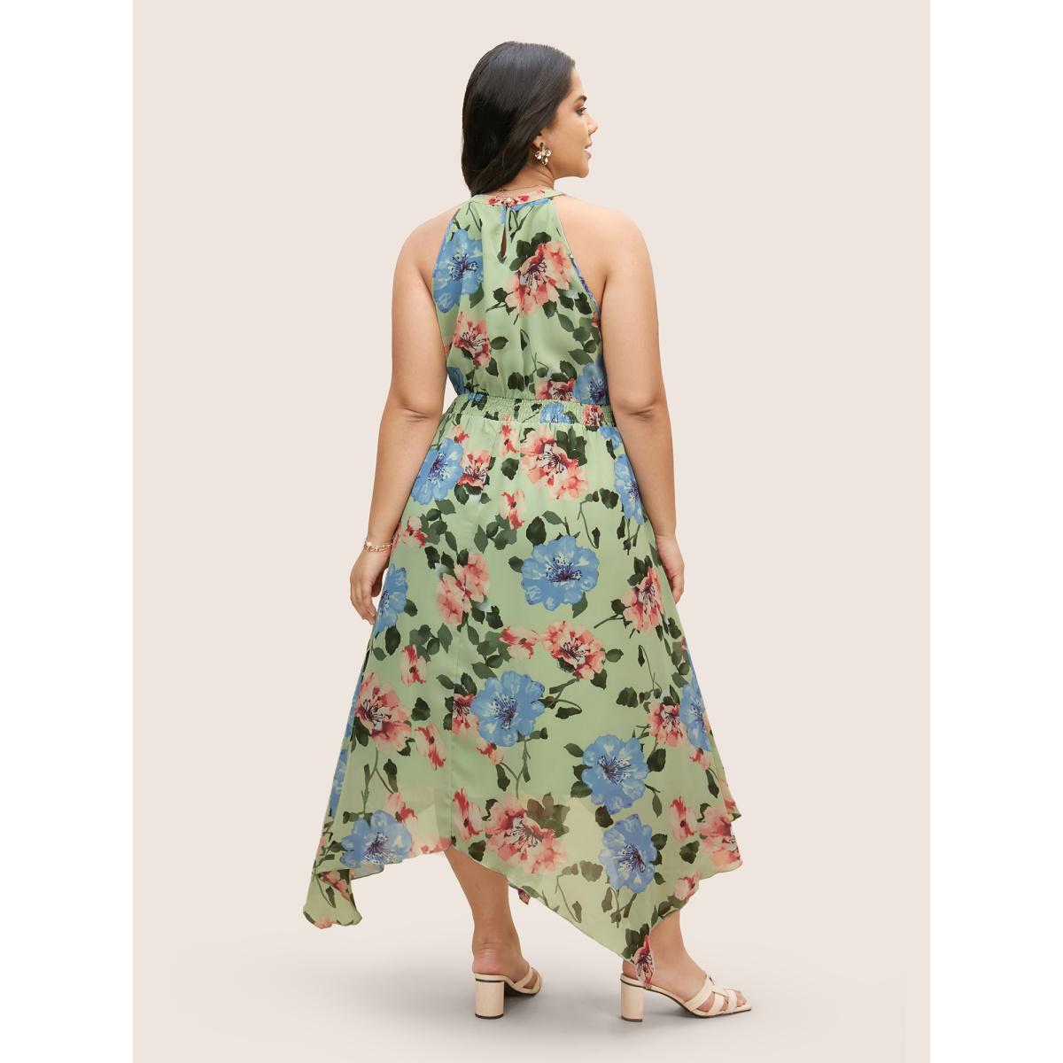 Plus Size Floral Shirred Asymmetrical Hem Sleeveless Dress Palemauve Women Elegant Asymmetrical Round Neck Sleeveless Curvy BloomChic 12/L Product Image