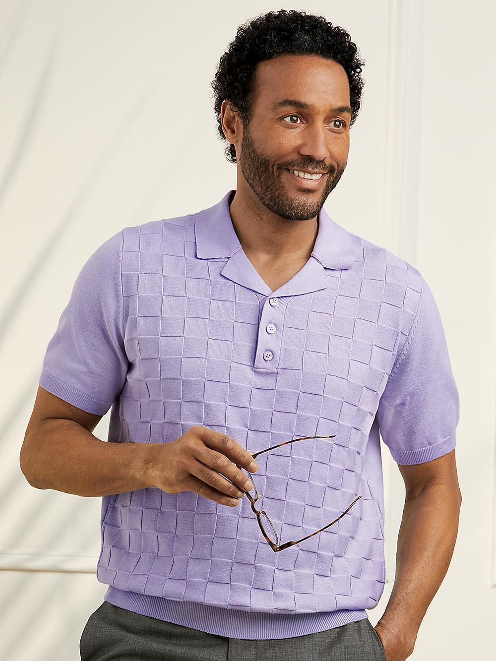 Cotton Three Button Camp Collar Sweater - Lavender Product Image