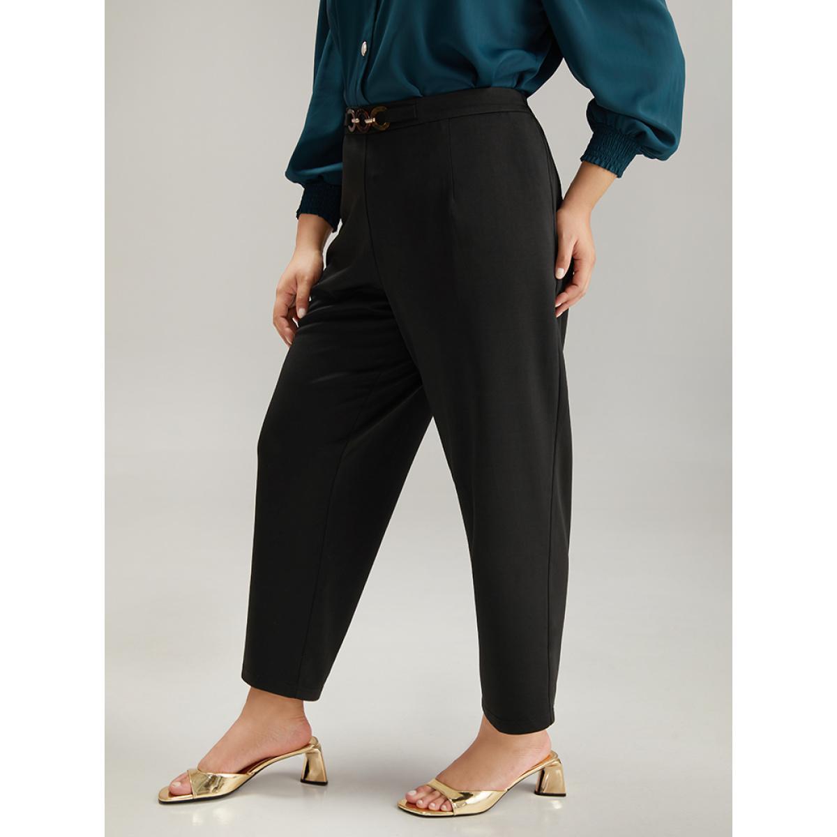 Plus Size Plain Pocket Buckle Detail Elastic Waist Pants Women Black Office Bodycon High Rise Work Pants BloomChic 26/4X Product Image