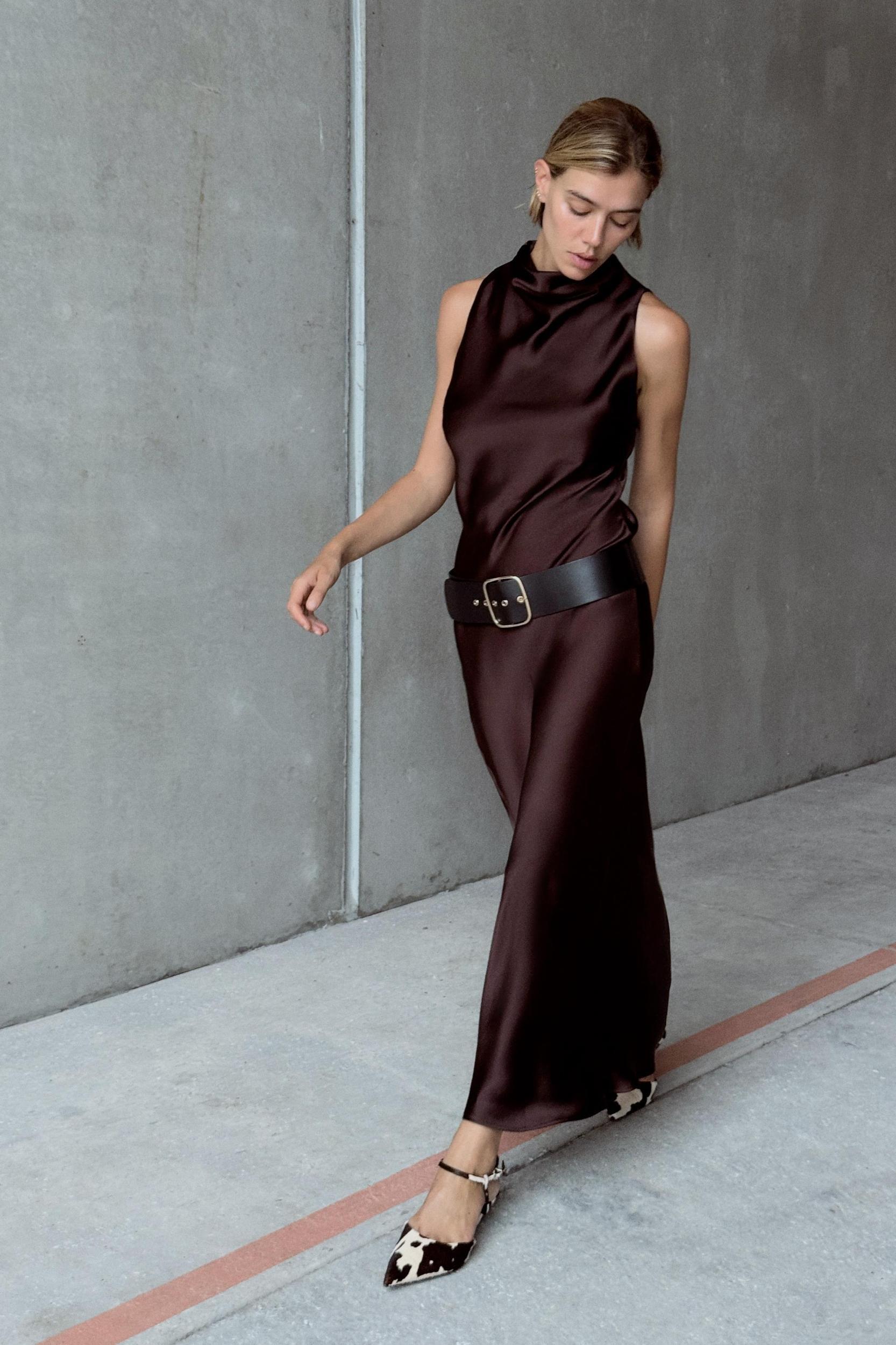 BELTED SATIN MIDI DRESS Product Image