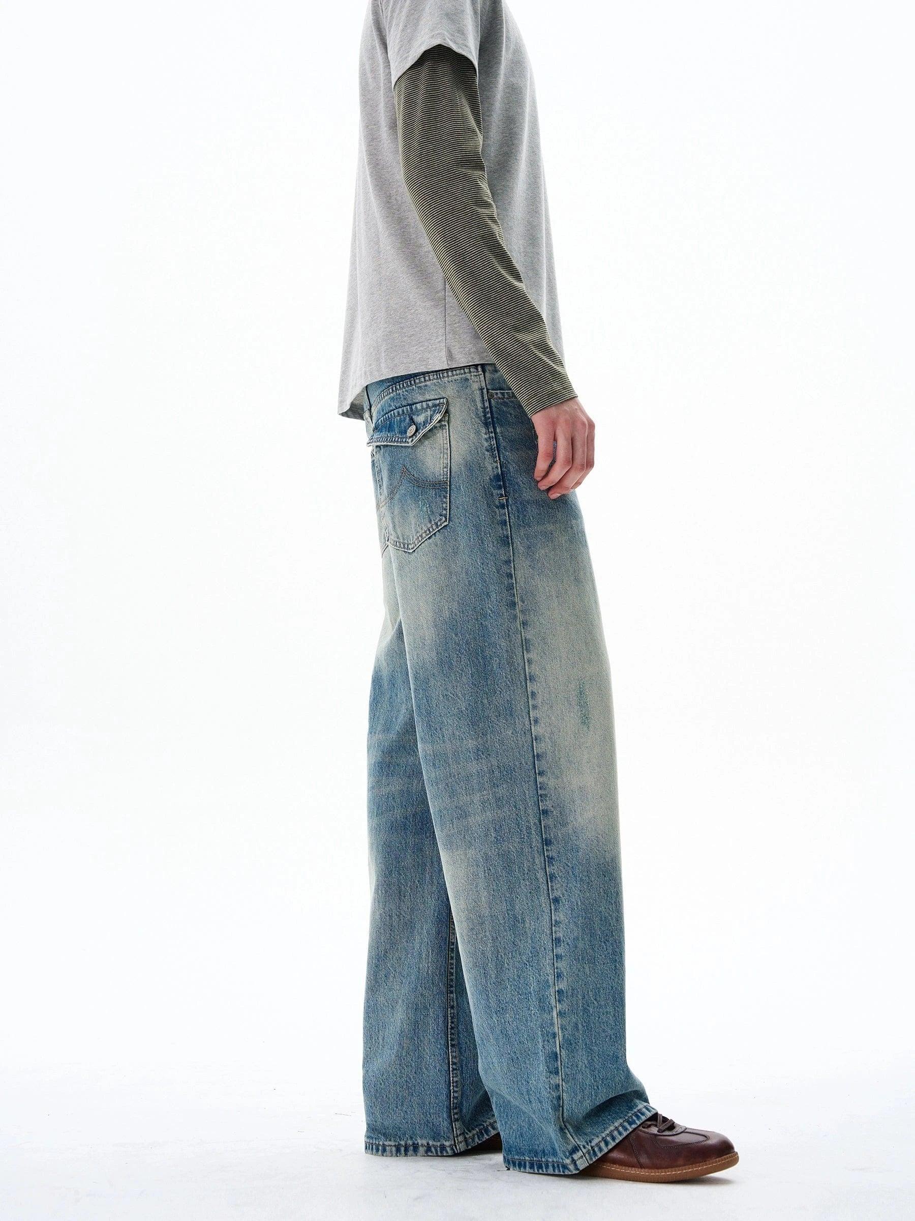 RT No. 19584 WASHED BLUE DENIM STRAIGHT JEANS Product Image