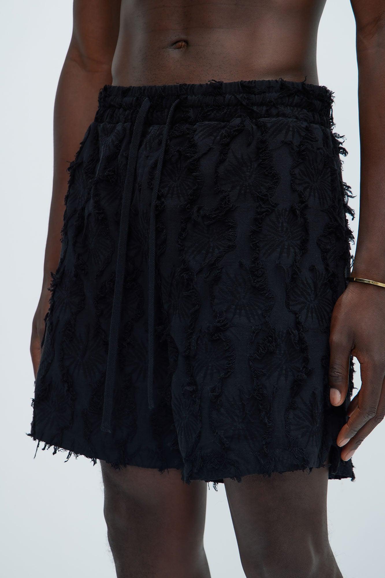 Frayed Jacquard Linen Shorts - Black Product Image