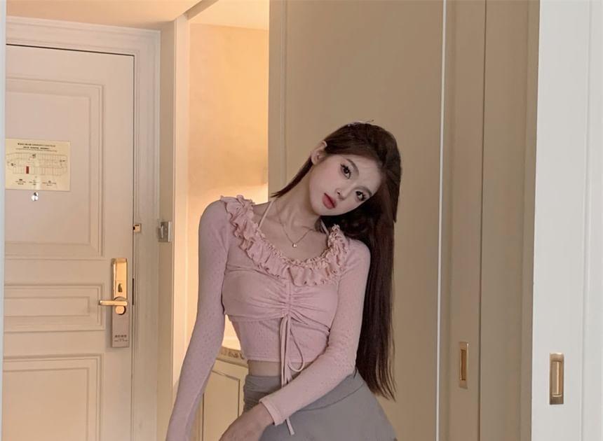 Long-Sleeve Plain Drawstring Lace Trim Cropped T-Shirt / High Waist Lettuce Edge Mini A-Line Skirt / Cropped Halter Top Product Image