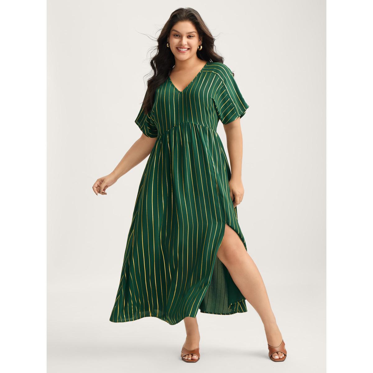 Plus Size Gold Shimmery Stripes Pockets Midi Dress DarkGreen Women V-neck Short sleeve Curvy BloomChic 30/6X Product Image