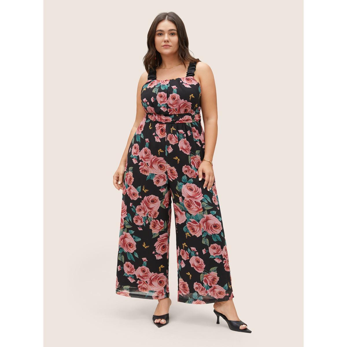 Plus Size BlackFlower Floral Print Ruched Detail Pocket Cami Jumpsuit Women Elegant Sleeveless Non Everyday Loose Jumpsuits BloomChic 12/L Product Image