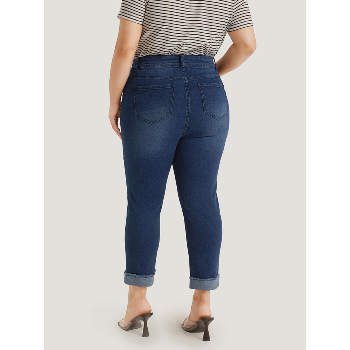 Plus Size Solid Frayed Roll Hem High Rise Jeans Women Blue Casual Plain Plain High stretch Pocket Jeans BloomChic 16/1X Product Image