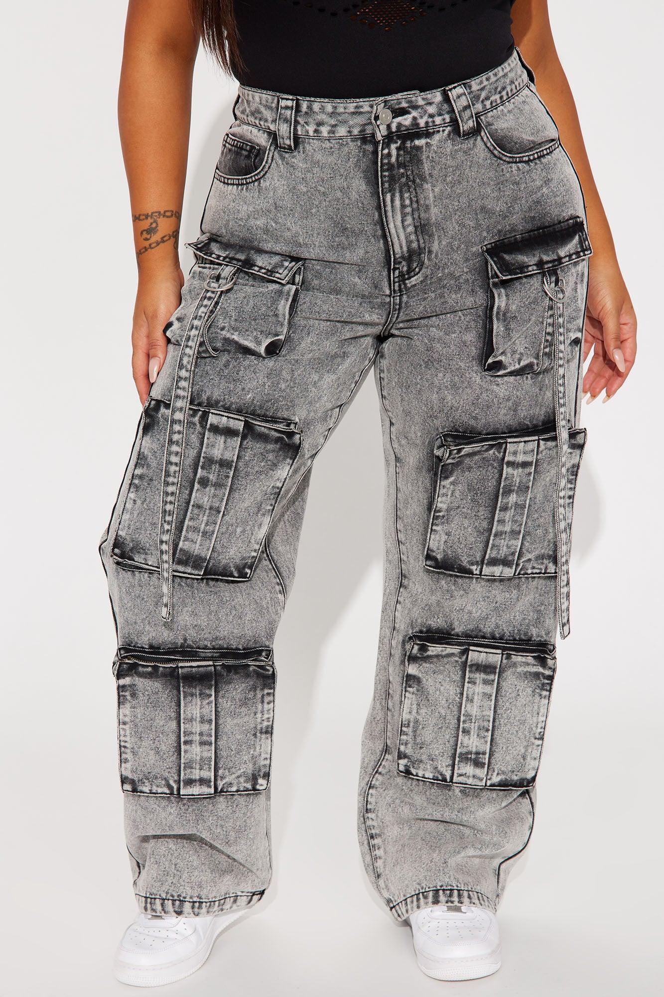 Somehow Somewhere Non Stretch Cargo Straight Leg Jeans - Acid Wash Grey Product Image