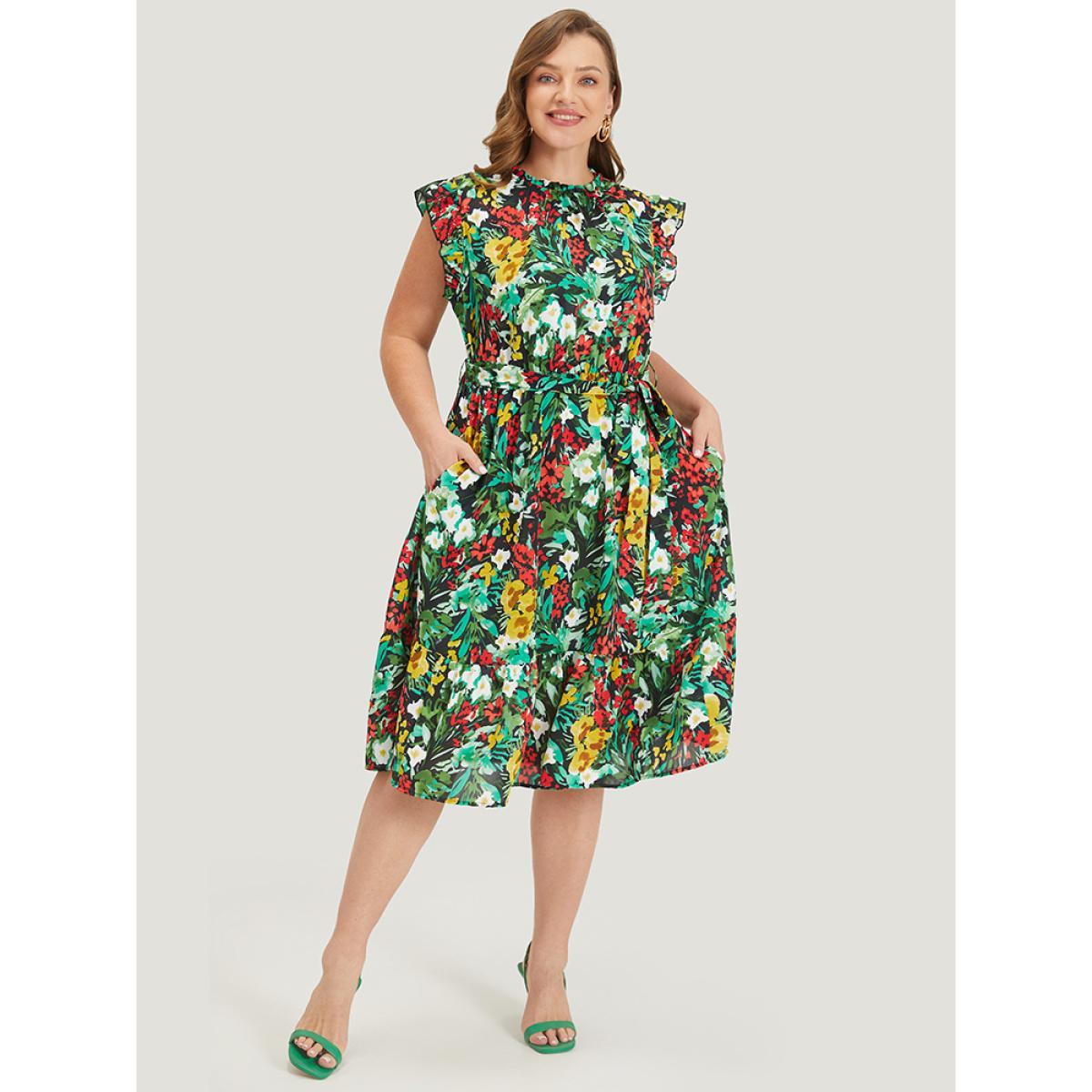 Plus Size Pixel Flower Ruffle Trim Pocket Belt Mock Neck Knee Dress Black Women Elegant Gathered Mock Neck Cap Sleeve Curvy Midi Dress BloomChic 22-24/3X Product Image