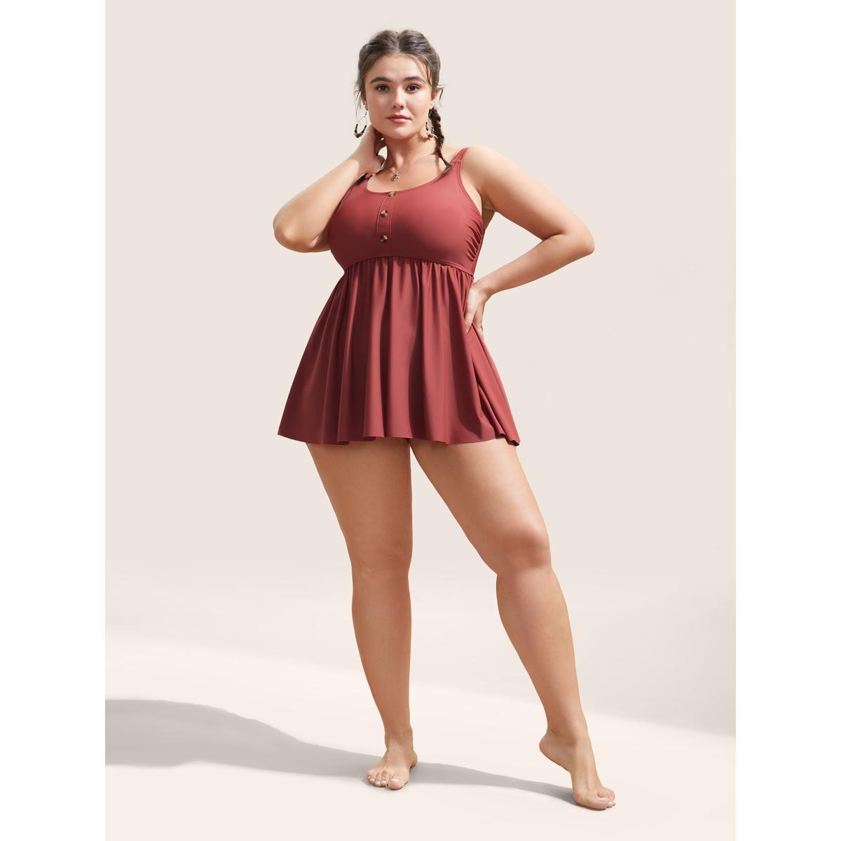 Plus Size Plain Gathered Button Detail Swim Top Women's Swimwear Rust Beach Non High stretch Bodycon U-neck Curve Swim Tops BloomChic 12/L Product Image