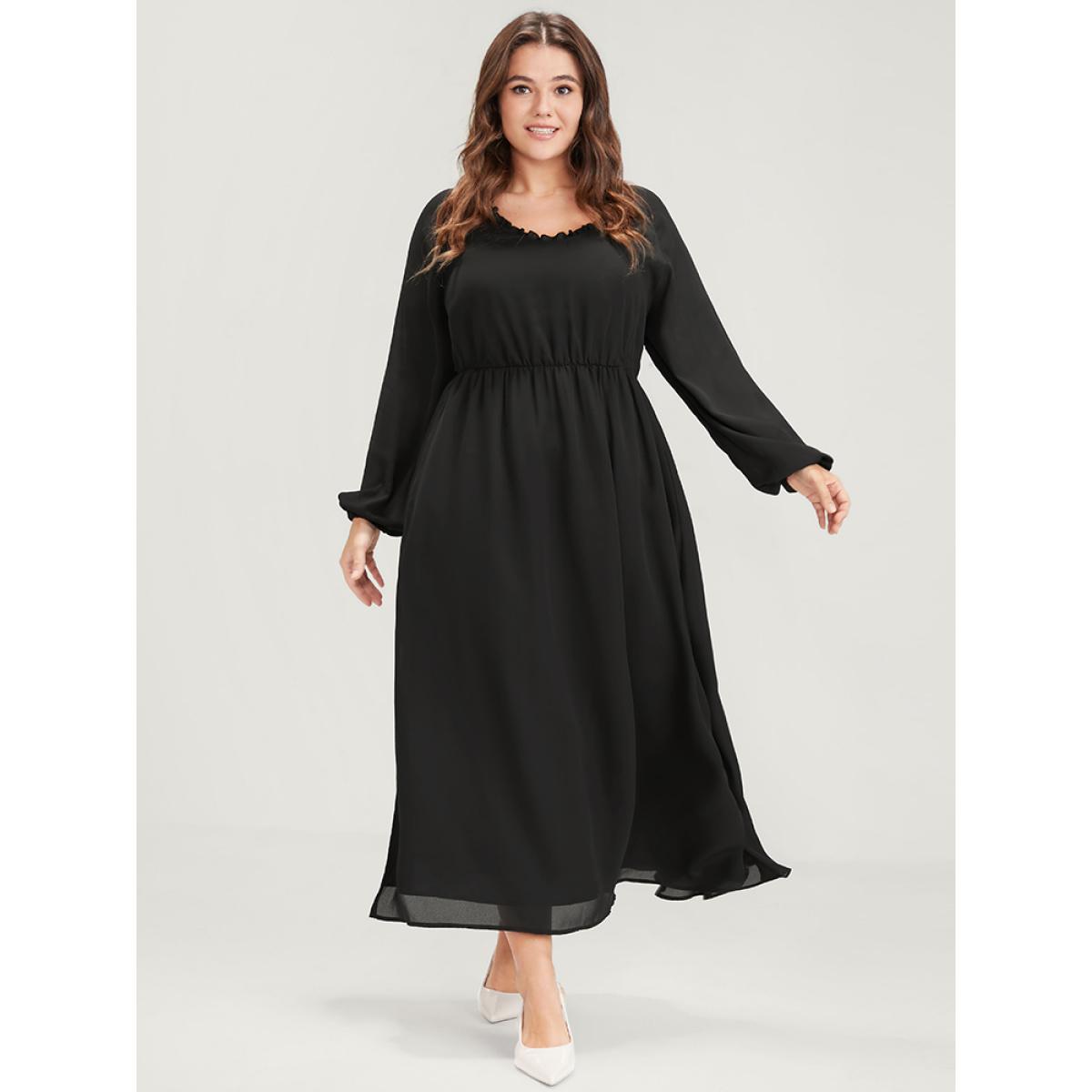 Plus Size Plain Lantern Sleeve Pocket Ruffle Trim V Neck Split Dress Black Women Elegant Elastic Waist V-neck Long Sleeve Curvy Midi Dress BloomChic 12/L Product Image