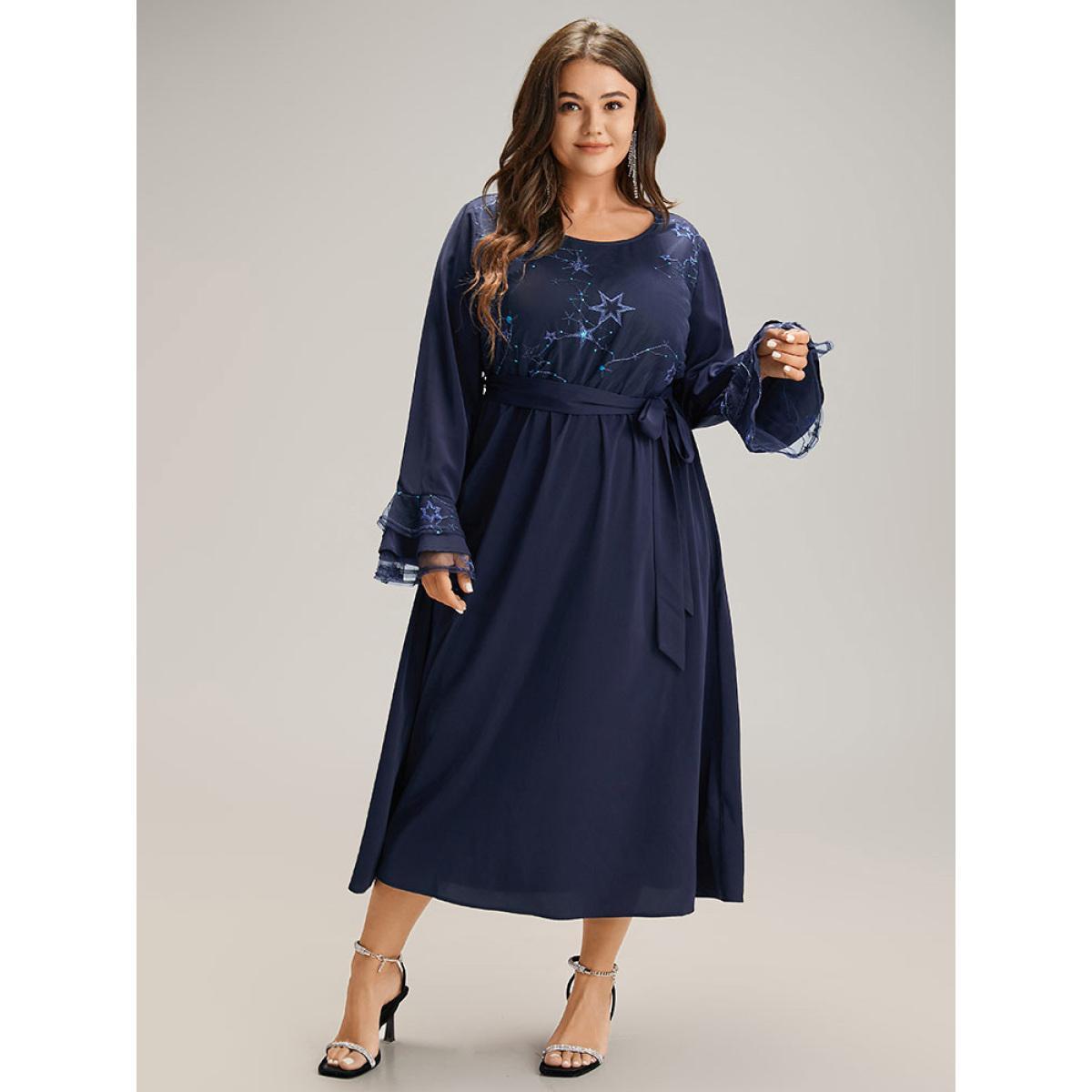 Plus Size Star Sequin Mesh Layered Sleeve Dress DarkBlue Women Party Belted Round Neck Long Sleeve Curvy Midi Dress BloomChic 12/L Product Image