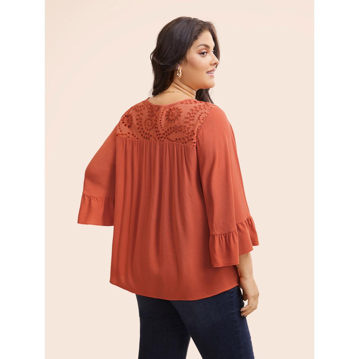 Plus Size Coral Broderie Anglaise Patchwork Ruffle Sleeve Blouse Women Elegant Elbow-length sleeve Round Neck Everyday Blouses BloomChic 22-24/3X Product Image